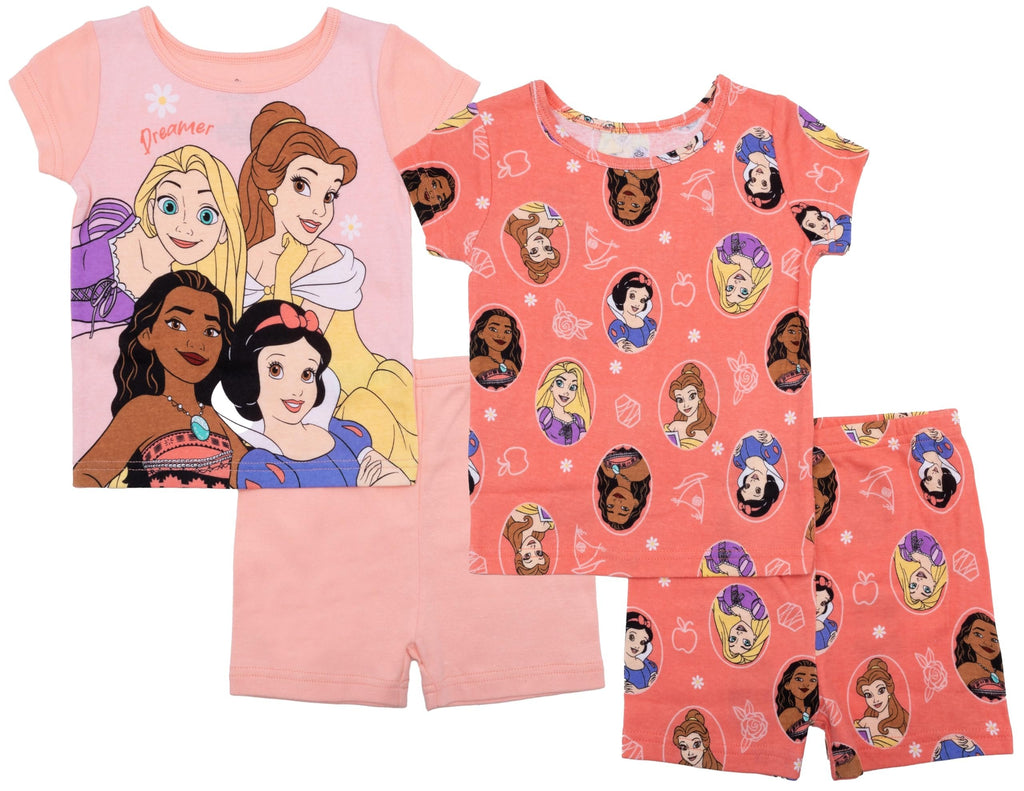 Disney Toddler/Little/Big Girls' Princess Pajama Set 4-Piece Cotton Sleepwear, Pink Princess, 3T