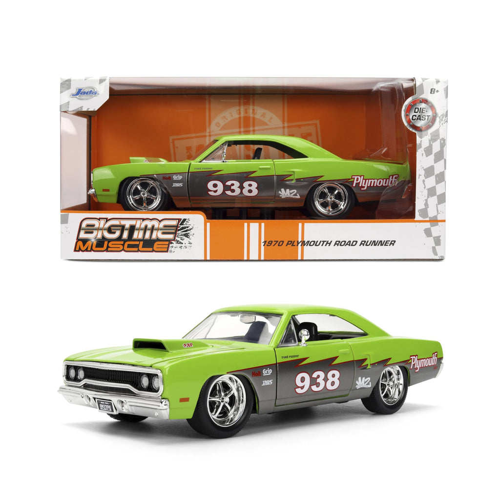 Jada Toys Bigtime Muscle 1:24 1970 Plymouth Road Runner Die-cast Car – Opening Doors, Hood, Trunk, Rubber Tires(Glossy Green)