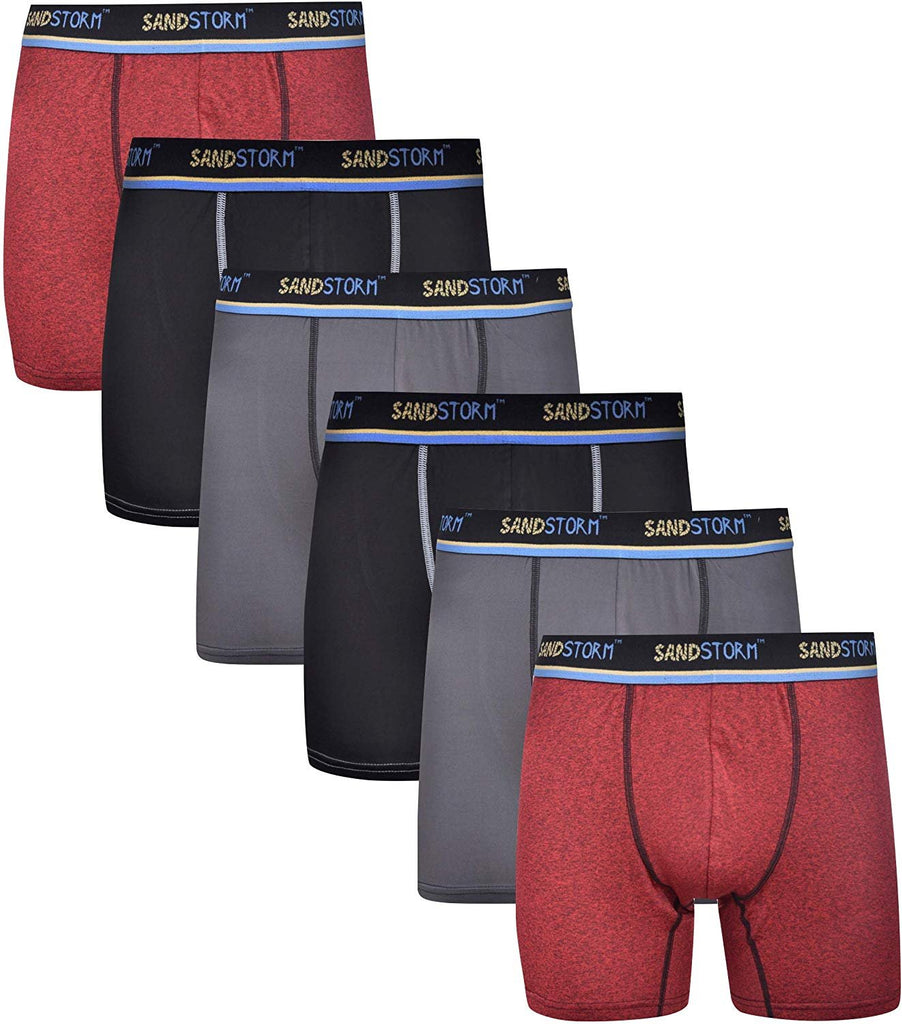 Black/Silver Heather/Polaris Sand Storm Mens Performance Boxer Briefs - 6-Pack No-Fly Tagless Breathable Underwear S-5XL Regular or Plus Size