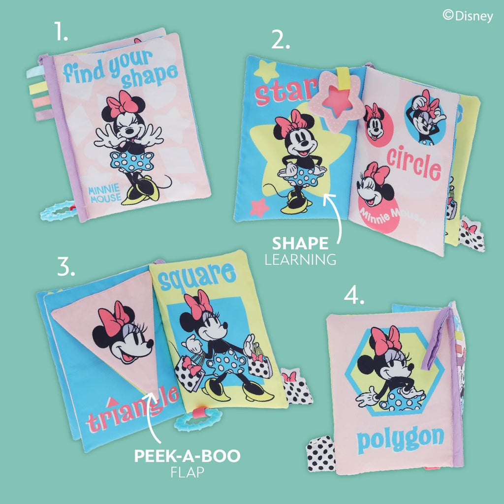 Disney Baby Minnie Mouse Find Your Shape Soft Book with Crinkle Pages, Teething Rings and On-The-Go Hook and Loop Strap for Babies and Toddlers