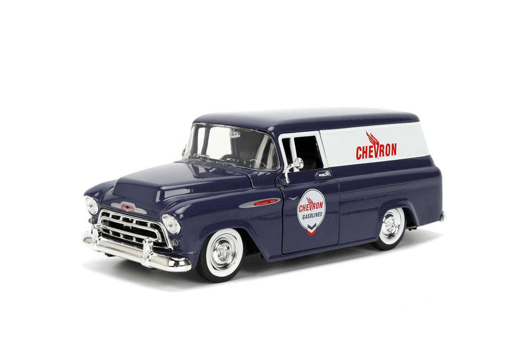Jada Toys Just Trucks 1:24 1957 Chevy Suburban Chevron Die-cast Car & Gas Pump – Opening Doors, Hood, Trunk, Rubber Tires(Purple)
