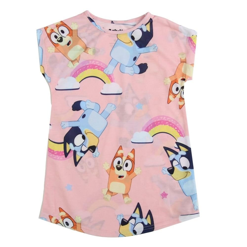 Centric Brands Bluey Girls’ Rainbow Nightgown – Short Sleeve Pink Sleep Dress Featuring Bluey & Bingo – Sizes 4, 6, 8, 10