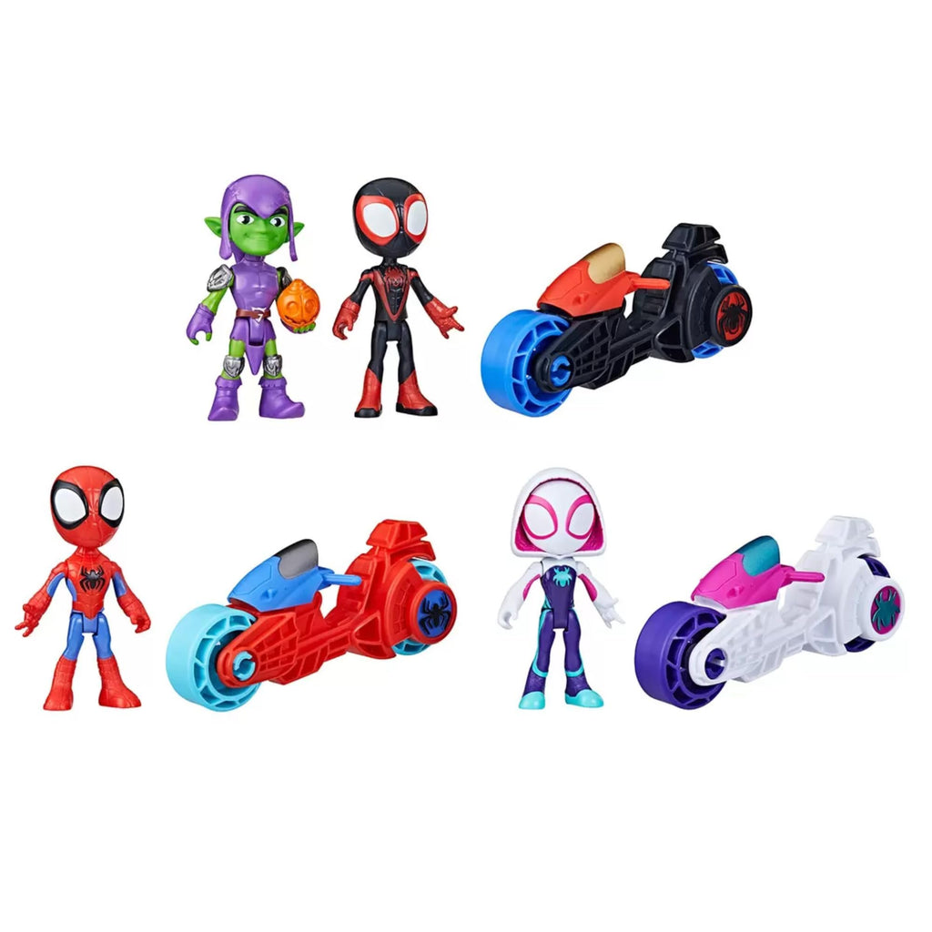 Spidey and his Amazing Friends Motorized Squad of 4 Mini Vehicles with Miles Morales, Green Goblin, Gwen Stacy, Peter Parker - Toy Set for Kids Aged 3+