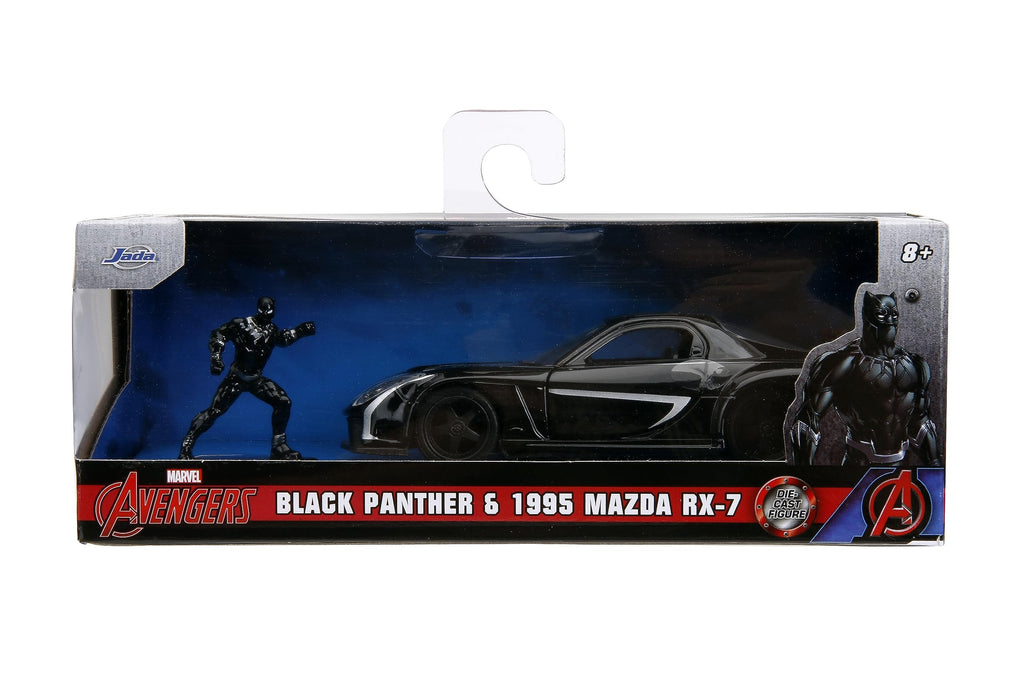 Marvel 1:32 Black Panther 1995 Mazda RX7 Widebody Die-Cast Car & 1.65” Black Panther Figure, Toys for Kids and Adults