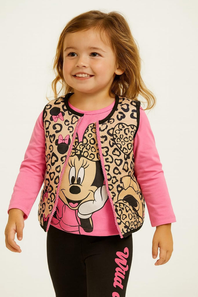 Disney Minnie Mouse Girls’ 3-Piece Outfit Set – Leopard Print Vest, Long Sleeve Top & Leggings – Toddler & Kids Clothing
