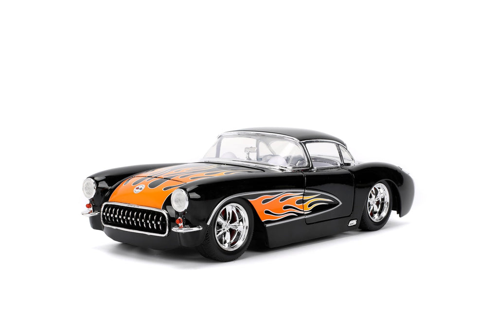 Jada Toys Bigtime Muscle 1:24 1957 Chevy Corvette Die-cast Car – Opening Doors, Hood, Trunk, Rubber Tires(Glossy Black Flames)