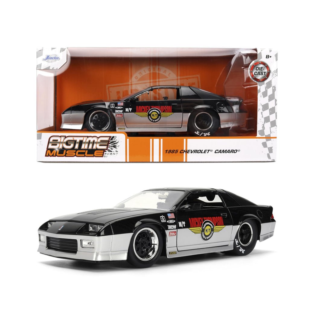 Jada Toys Bigtime Muscle 1:24 1985 Chevy Camaro Mickey Thompson Die-cast Car – Opening Doors, Hood, Trunk, Rubber Tires(Glossy Black/Silver)