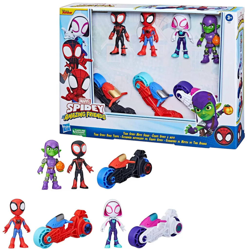 Spidey and his Amazing Friends Motorized Squad of 4 Mini Vehicles with Miles Morales, Green Goblin, Gwen Stacy, Peter Parker - Toy Set for Kids Aged 3+