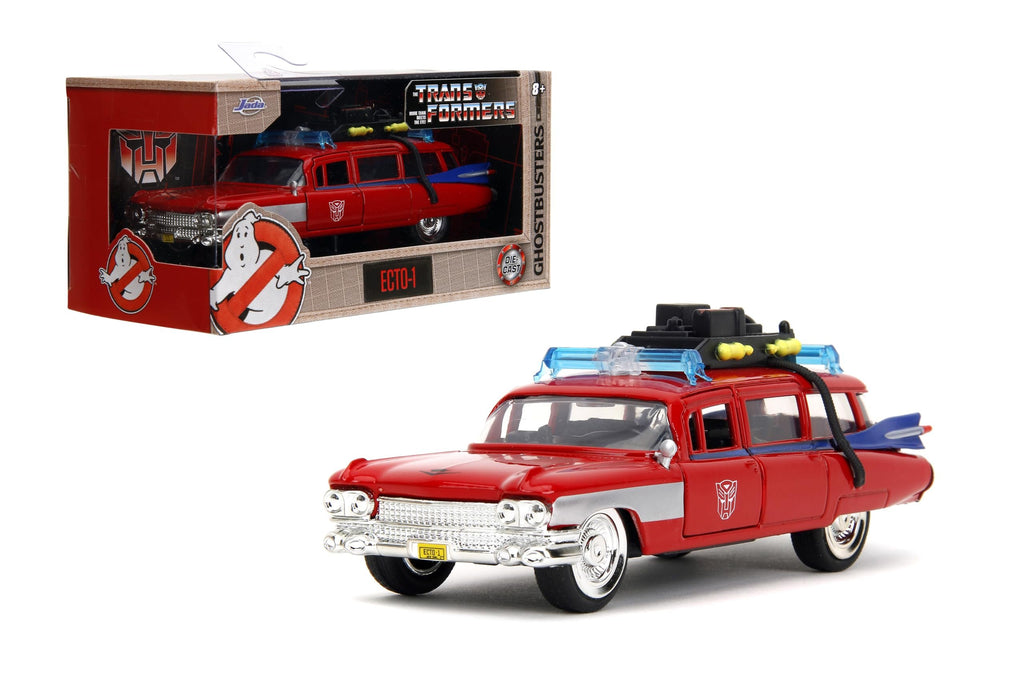 Jada Hollywood Rides Transformers x Ghostbusters Ecto-1 G1 Mashup - Die-cast Car with Opening Doors, 1:32 Scale, Ages 8+ (40th Anniversary Edition)