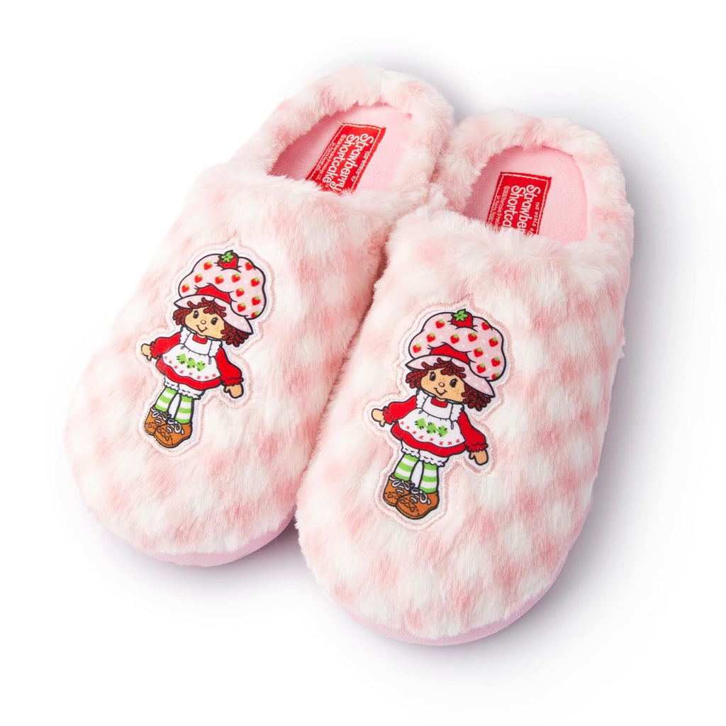 Handcraft Strawberry Shortcake Girls Checkered Plush Clog Slippers with Icon, Pink Candy, 4-5 Big Kid
