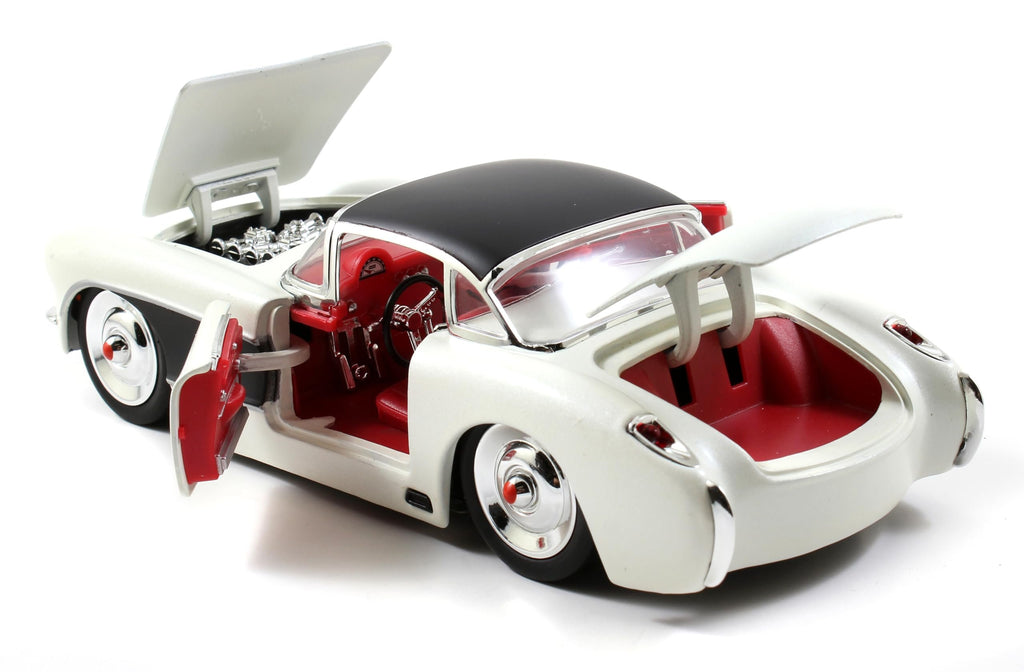 Jada Toys Bigtime Muscle 1:24 1957 Chevy Corvette Die-cast Car – Opening Doors, Hood, Trunk, Rubber Tires(White/Black)