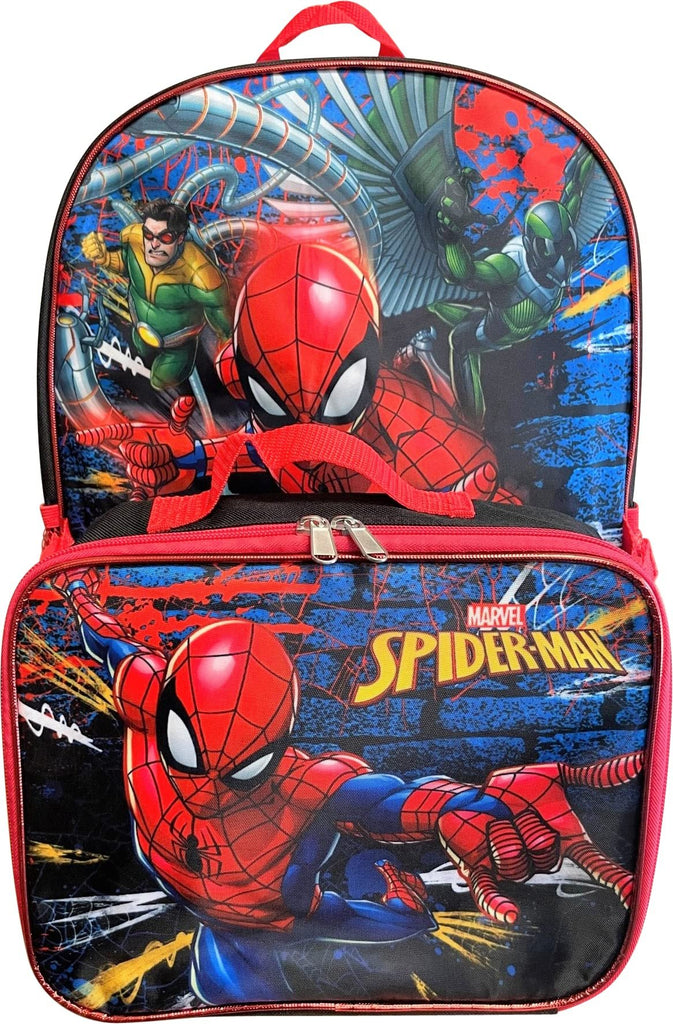 Spiderman Boys 16 Inch Backpack With Removable Matching Lunch Box Set (Black-Red)
