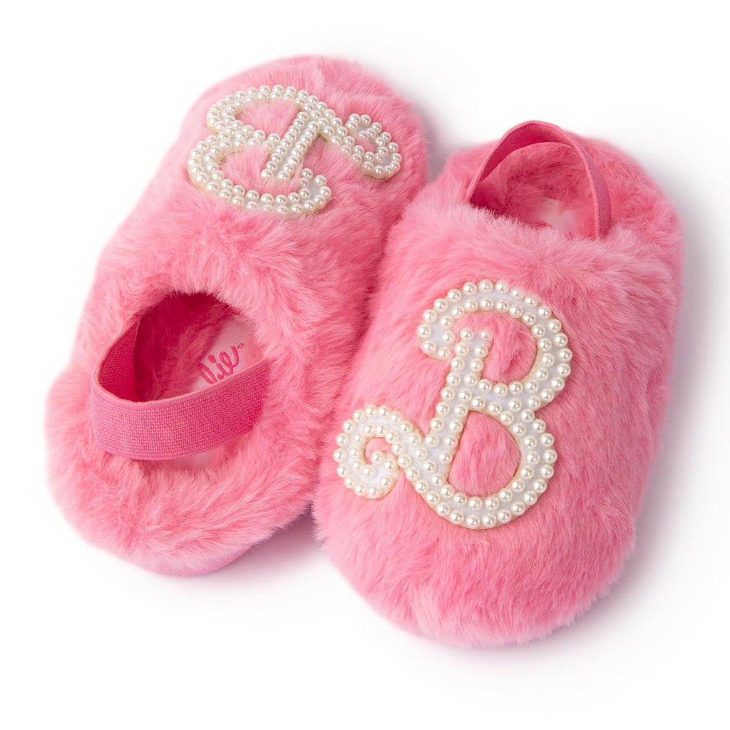 Handcraft Barbie Toddler Girls Faux Fur Clog Slippers with Pearl 'B' Logo, Pink, 9-10 Toddler