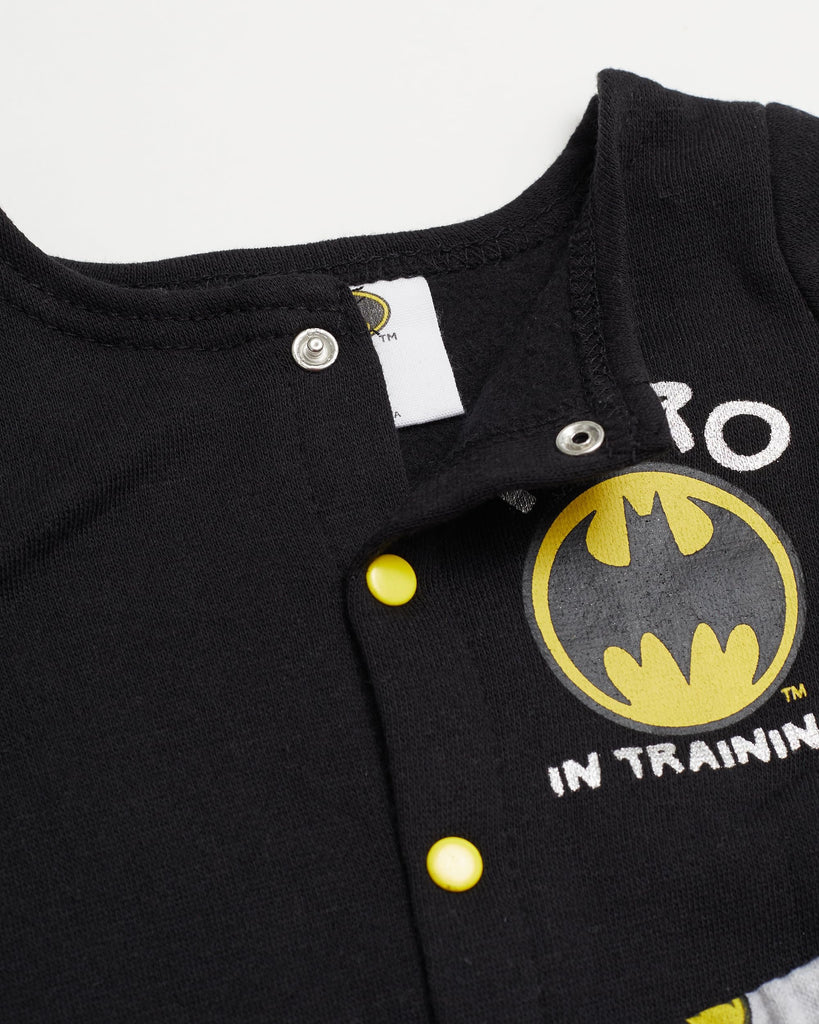 BATMAN Baby Boys Outfit with Snap Shirt and Baby Footed Pants Baby Boy Clothes (Black/Grey/Yellow, 6-9M)