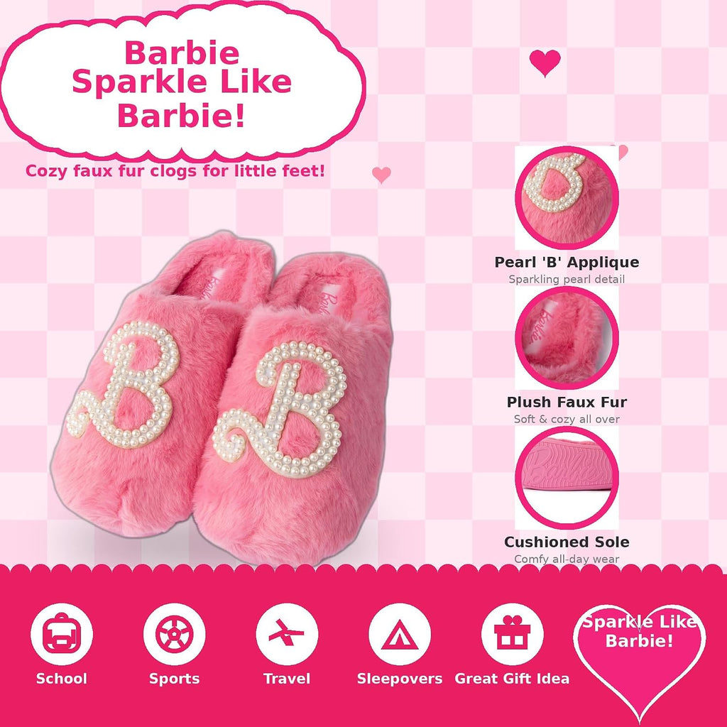 Handcraft Barbie Girls Faux Fur Clog Slippers with Pearl 'B' Logo, Pink, 7-8 Big Kid