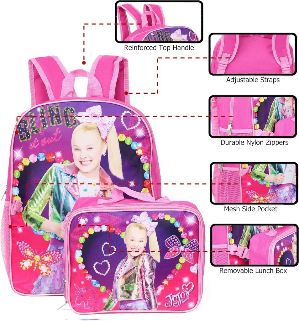 Ruz Girls Jojo Siwa 16" Backpack with Detachable Lunch bag Kids School Dance