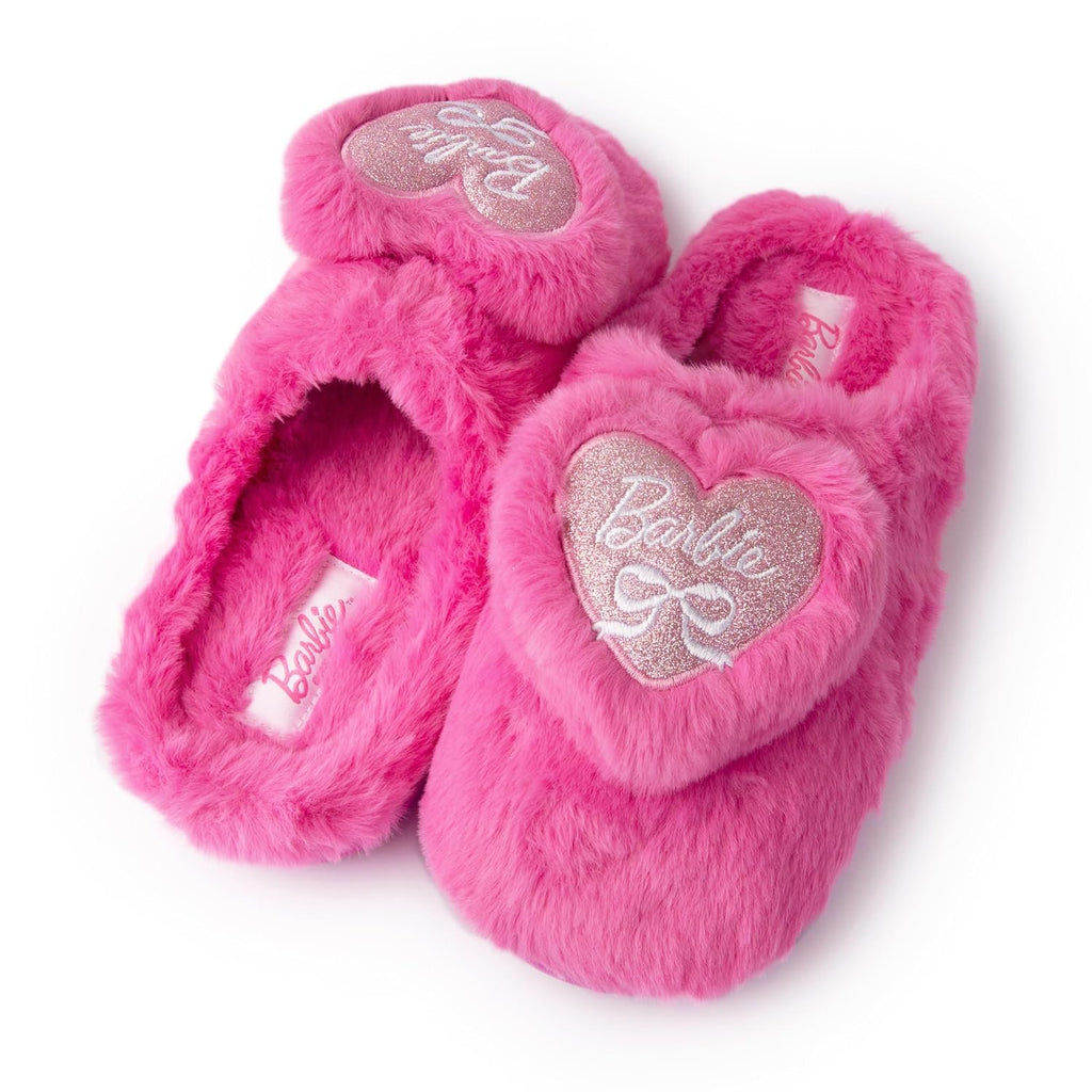 Handcraft Barbie Girls Faux Fur Clog Slippers with 3D Glitter Heart, Pink, 4-5 Big Kid