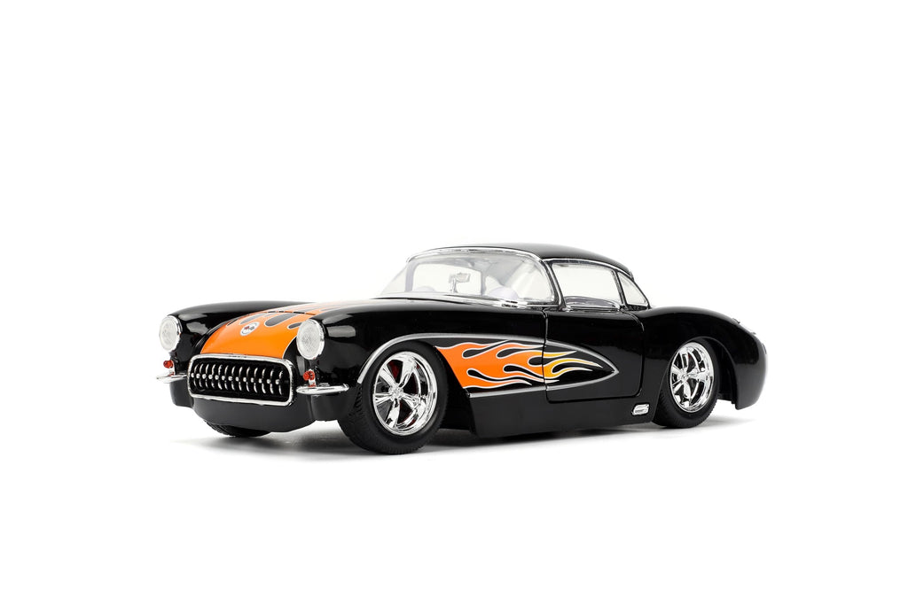 Jada Toys Bigtime Muscle 1:24 1957 Chevy Corvette Die-cast Car – Opening Doors, Hood, Trunk, Rubber Tires(Glossy Black Flames)