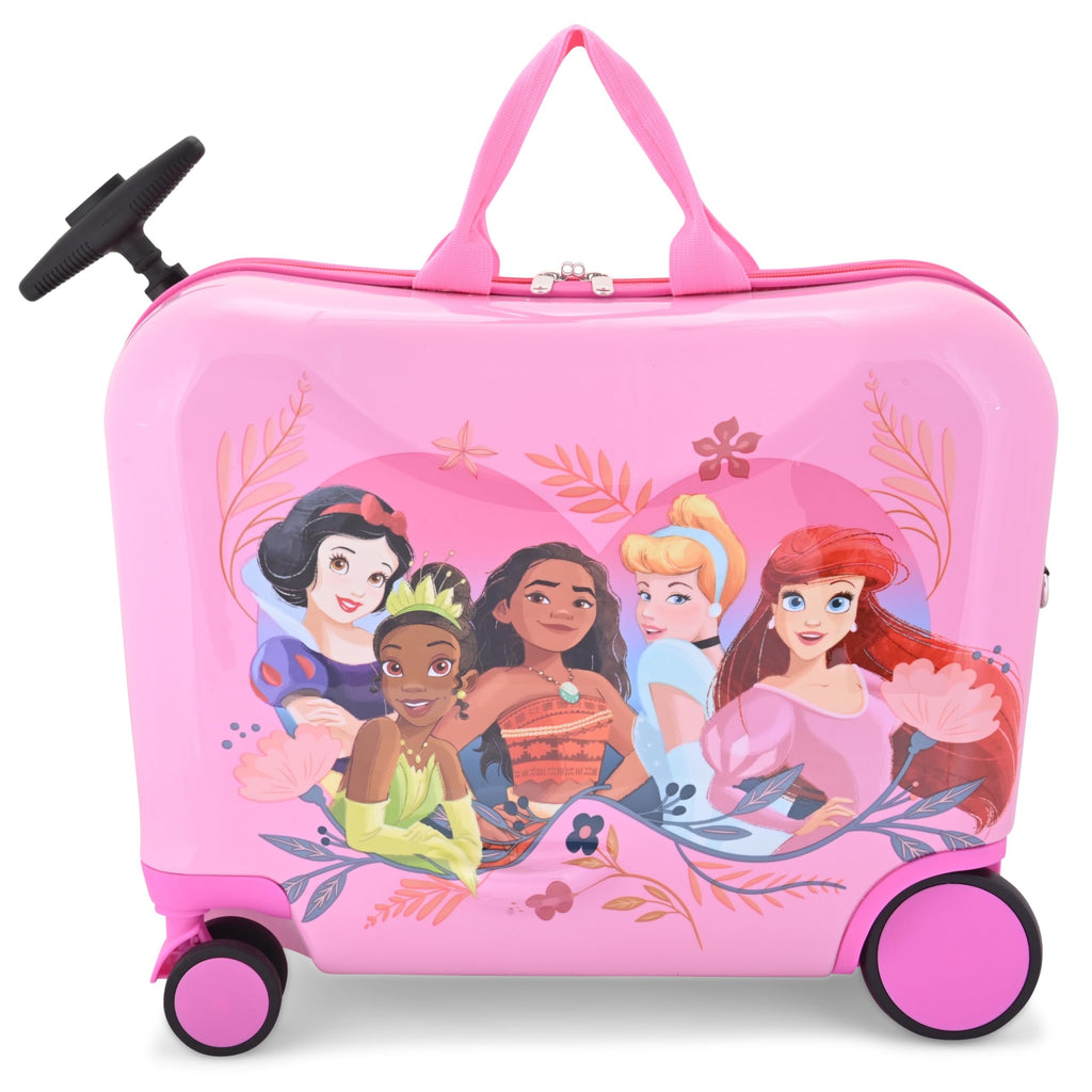 Disney Princess Ride-On Kids Suitcase - 18" Tow-Along Toddler Luggage - Tiana Moana Ariel Cinderella Snow White Carry-On Cute Bag with Wheels 18"x10"x14.5"