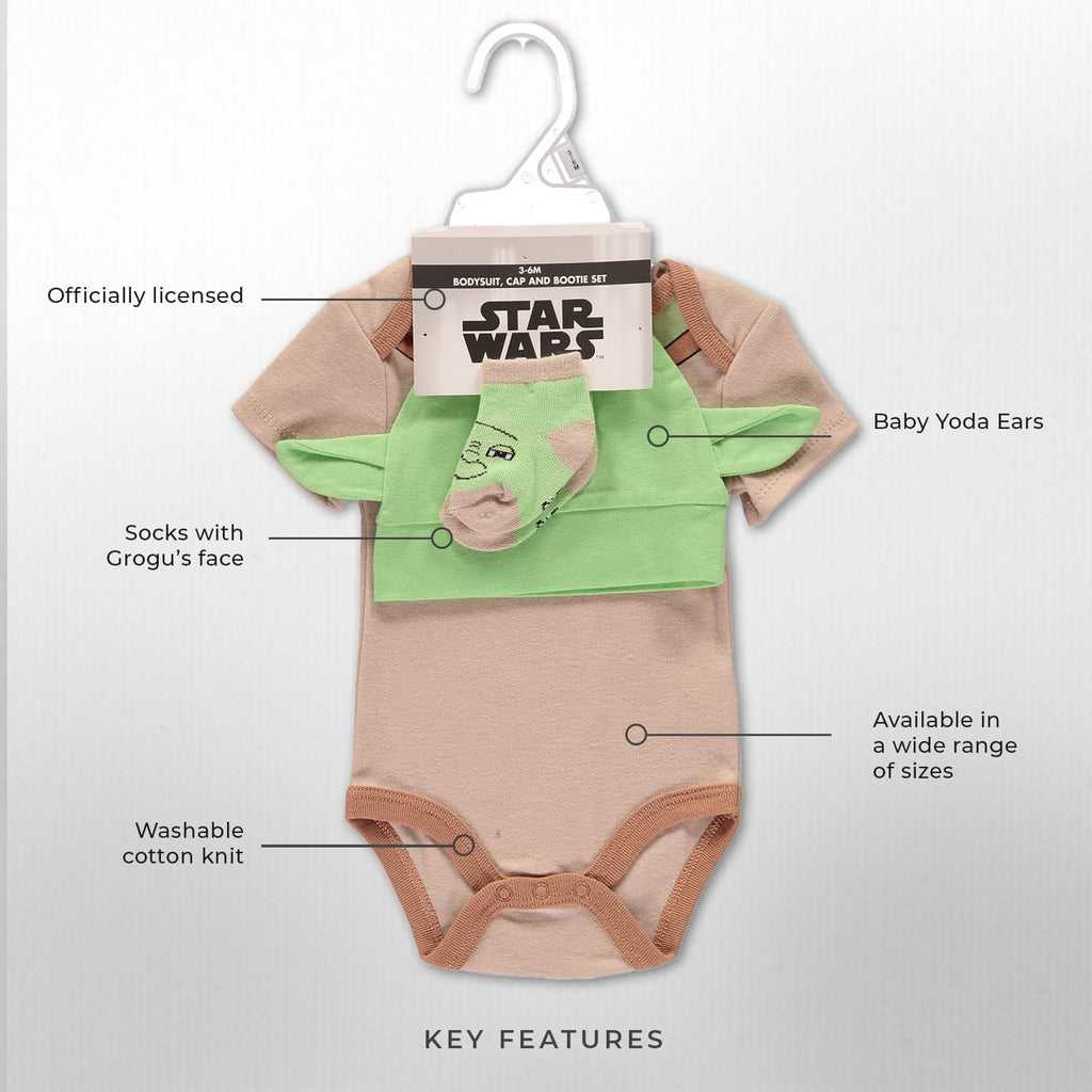 Star Wars Baby Boys Clothing 3-Piece Gift Set with Baby Bodysuit, Hat, and Socks – Star Wars Baby Clothes (Brown/Green, 3-6M)