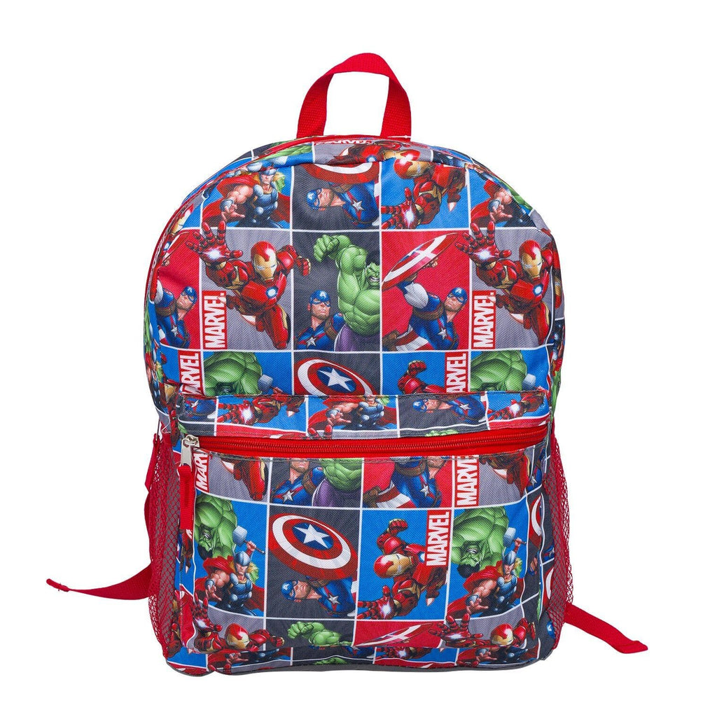 Fast Forward Avengers Boys’ 16" Backpack – Allover Print with Captain America, Hulk, Iron Man, Thor & Flash Printed Straps, Front Pocket & Mesh Sides