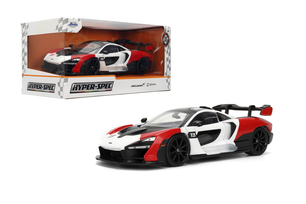 Jada Toys Hyper-Spec 1:24 McLaren Senna Die-cast Car – Opening Doors, Hood, Trunk, Rubber Tires(White/Red/Black)