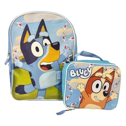 Fast Forward Bluey Backpack Personalized Bookbag and Snack Tote for Back to School with Water Bottle Rubber Dangle and Carabiner - 5pc Set