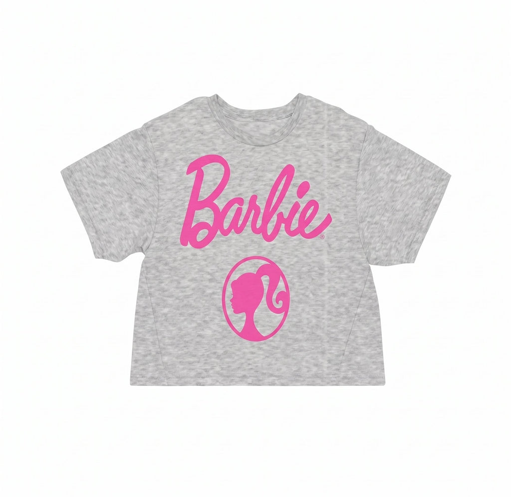 Barbie Juniors Short Sleeve Cropped T-Shirt – Pink Logo Crop Tee – Grey