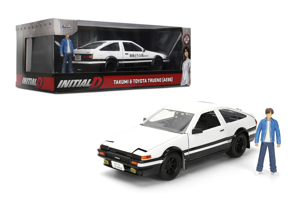 Jada Initial D 1986 Toyota Trueno - Includes Takumi Fujiwara Metal Figure - Hollywood Rides Die-cast Car with Opening Doors, 1:24 Scale, Ages 8+, Collectible Toy for Kids and Adults