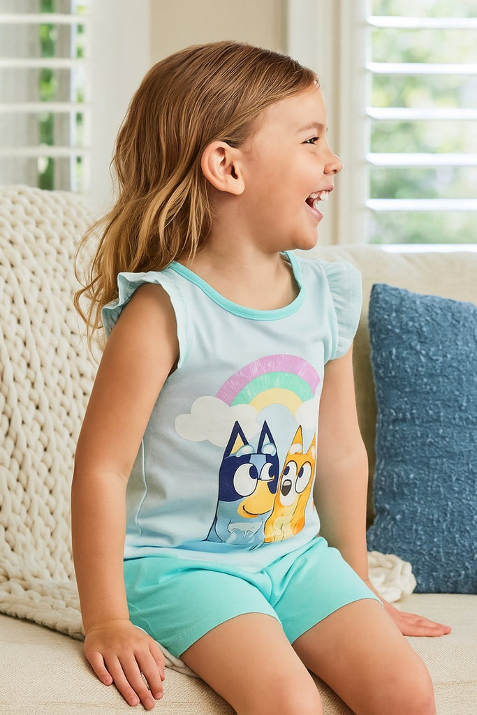 Bluey & Bingo Girls’ 2-Piece Pajama Set – Rainbow Tank Top & Shorts Sleepwear – Sizes 4, 6, 8, 10 – Soft Cotton Blend