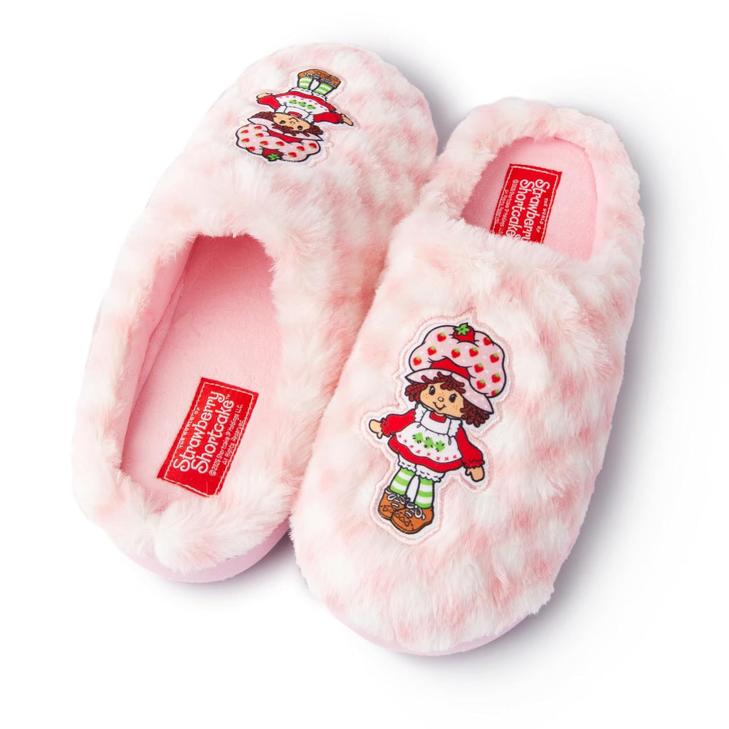 Handcraft Strawberry Shortcake Girls Checkered Plush Clog Slippers with Icon, Pink Candy, 4-5 Big Kid