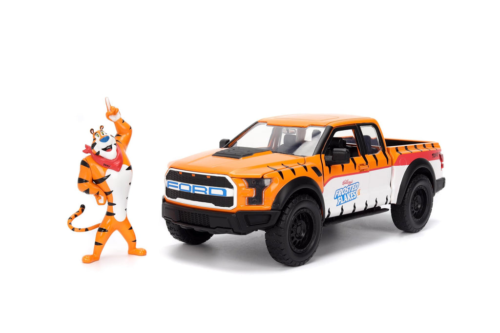 Jada 2017 Ford F150 Raptor Truck with Kellogg's Frosted Flakes Tony The Tiger Die-Cast Carwith Figure, 1:24 Collectible, Opening Doors, Rubber Tires Ages 8+ (Orange/White)