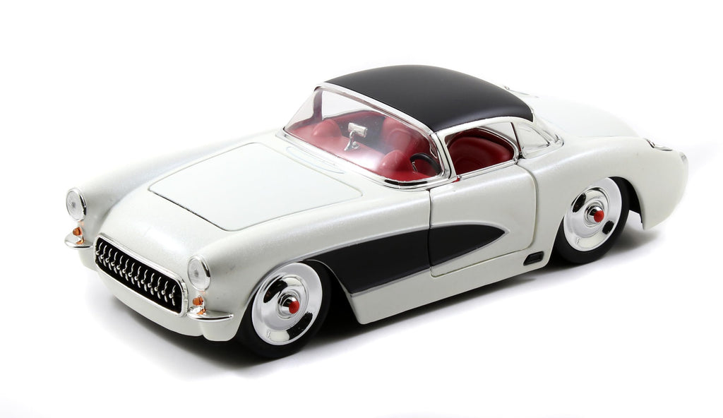 Jada Toys Bigtime Muscle 1:24 1957 Chevy Corvette Die-cast Car – Opening Doors, Hood, Trunk, Rubber Tires(White/Black)