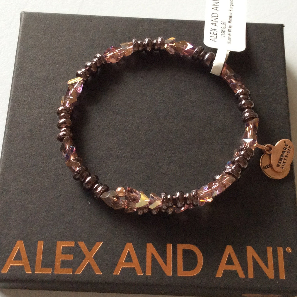 Alex and Ani Glimmer Wrap Bangle Bracelet Metallic Burgundy Tag Box Card