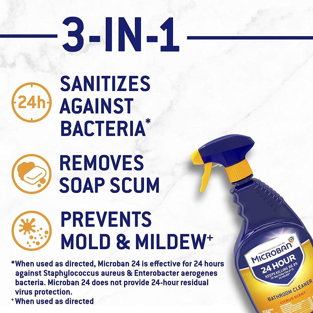 Microban Disinfectant Spray, 24 Hour Sanitizing and Antibacterial Spray, Bathroom Cleaner, Citrus Scent, 4 Count, 22 fl oz Each