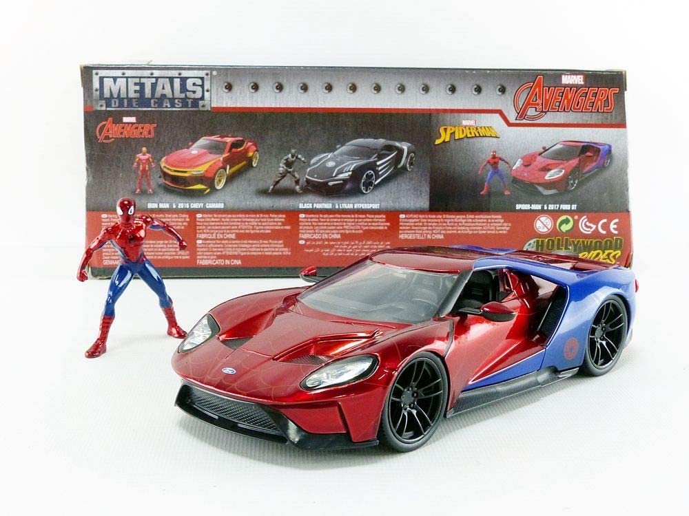 Jada Toys Marvel 1:24 2017 Ford GT Die-cast Car with 2.75" Spider-Man Figure, Toys for Kids and Adults, Red/Blue (99725)