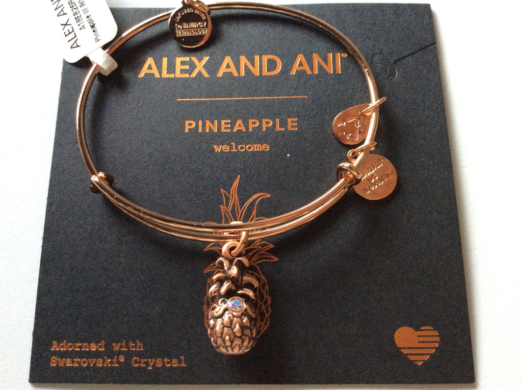 Alex and Ani Pineapple III Bangle Bracelet Rose Gold Tag Box Card