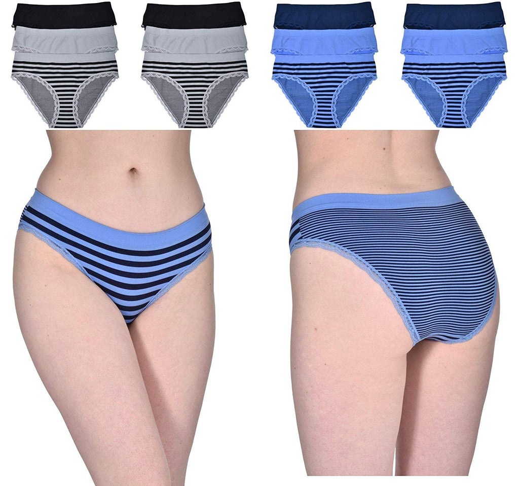 Elle Women's Seamless Bikinis Panties with Lace - 12-Pack Premium Quality Nylon/Spandex