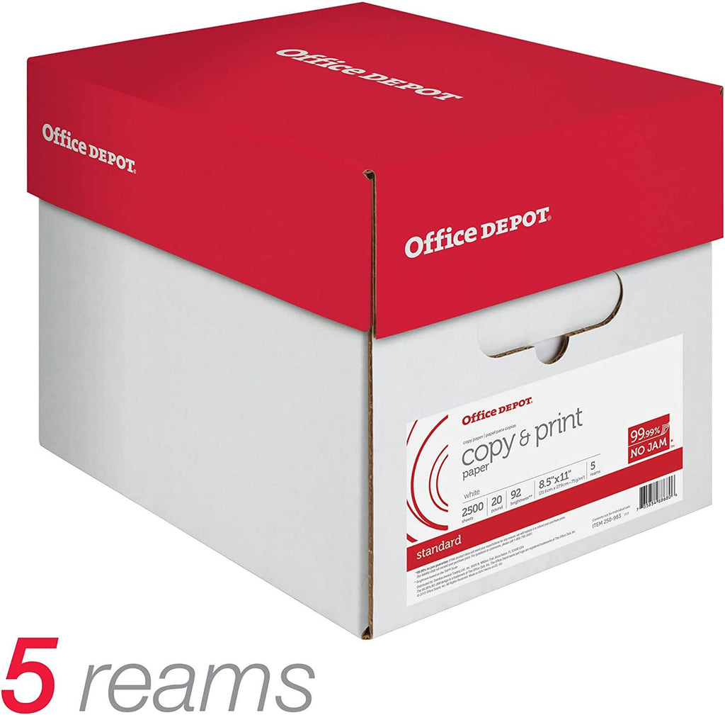 Office Depot Copy Print Paper, 8 1/2in. x 11in., 20 Lb, 500 Sheets Per Ream, Case Of 5 Reams, 851201CS