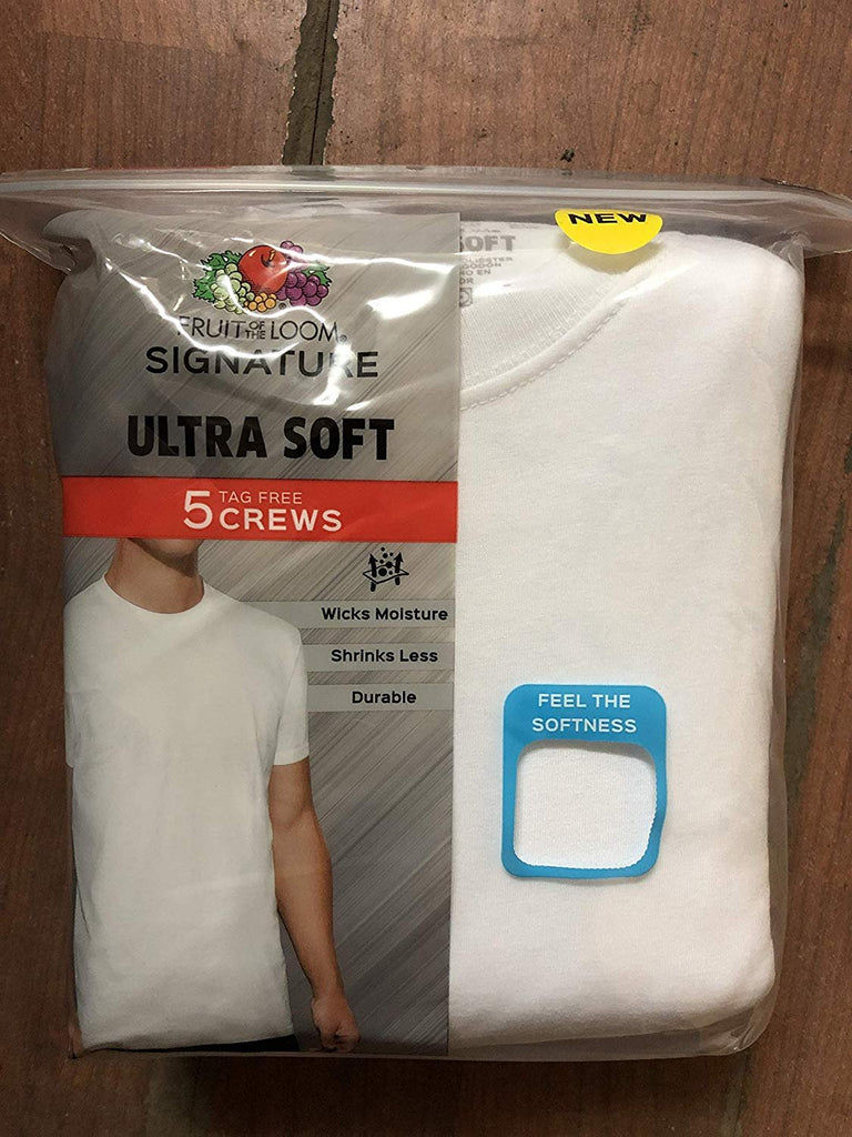 Fruit of the Loom Men's 5-Pack Crewneck Tees Size XL Tagless Ultrasoft Signature White