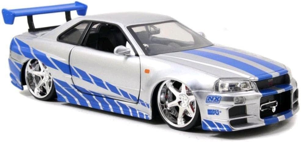 Jada Toys Fast & Furious Brian’s 2002 Nissan Skyline R34 Die-cast Car, 1:24 Scale, Silver & Blue,19808