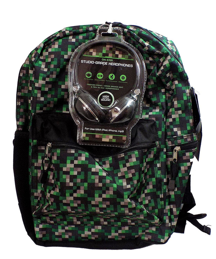Star Point Backpack with Headphones: Black, Green, Tan Blocks