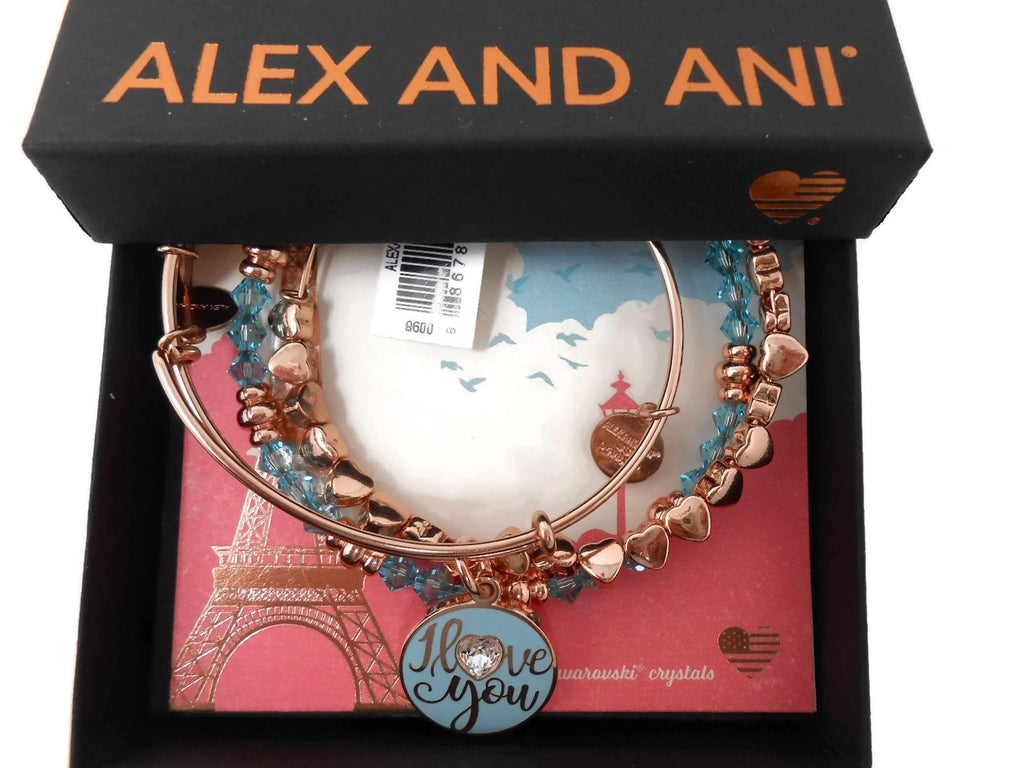 Alex and Ani I Love You Set of 3 Bangle Bracelets Shiny Rose Gold