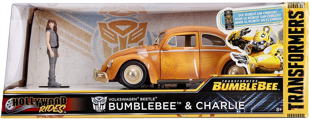 Jada Toys Transformers Bumblebee Volkswagen Beetle Die-cast Car, 1:24 Scale Vehicle & 2.75" Charlie Collectible Metal Figurine