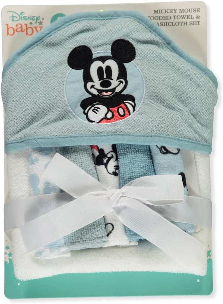 Cudlie Accessories Disney Baby Mickey Mouse Hooded Towel with 5 Piece Washcloth Set, Cool Style Print, GS71795 Blue one size
