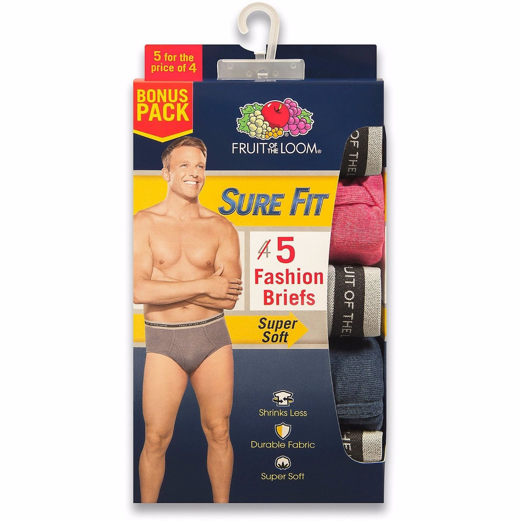 Fruit of the Loom Men's Fashion Briefs SURE FIT 5-PACK Assorted Color Size S-3XL