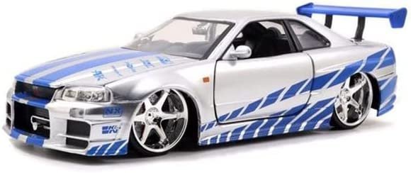 Jada Toys Fast & Furious Brian’s 2002 Nissan Skyline R34 Die-cast Car, 1:24 Scale, Silver & Blue,19808