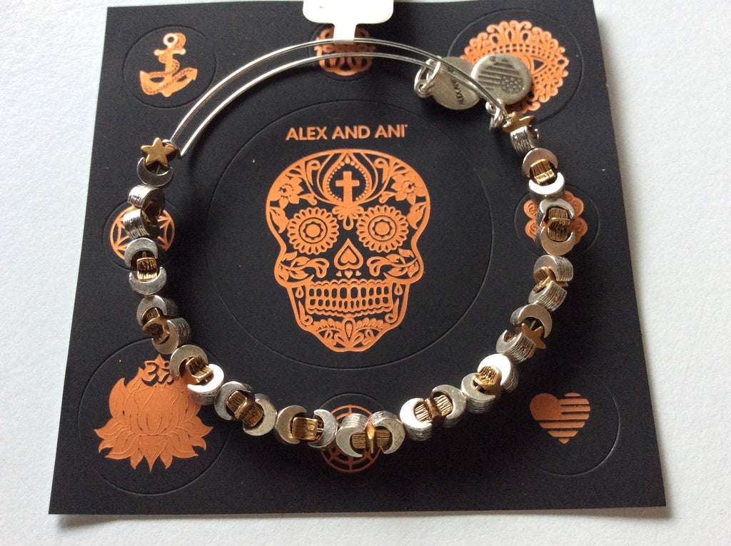 Alex and Ani Moon Star Beaded Bracelet Rafaelian Silver Tag Box Card
