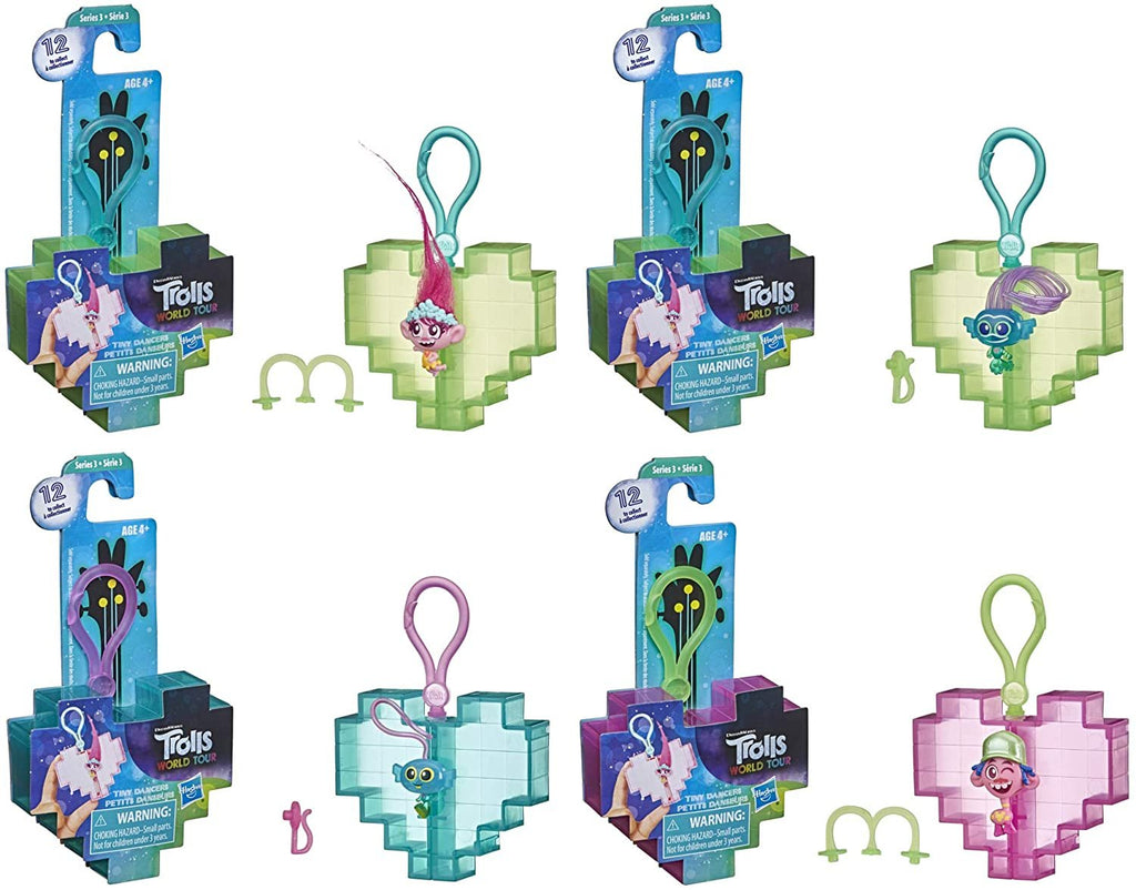 Trolls DreamWorks World Tour Tiny Dancers Surprise 4-Pack Series 3, Tiny Dancers Dolls, Clips, Rings, and Glasses, Toy for Kids 4 and Up