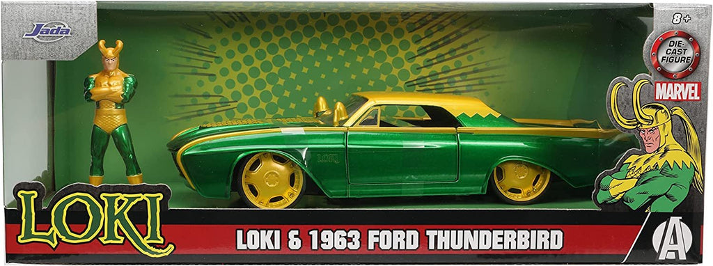 Jada Toys Marvel 1:24 1963 Ford Thunderbird Die-cast Car & 2.75'' Loki Figure, Toys for Kids and Adults